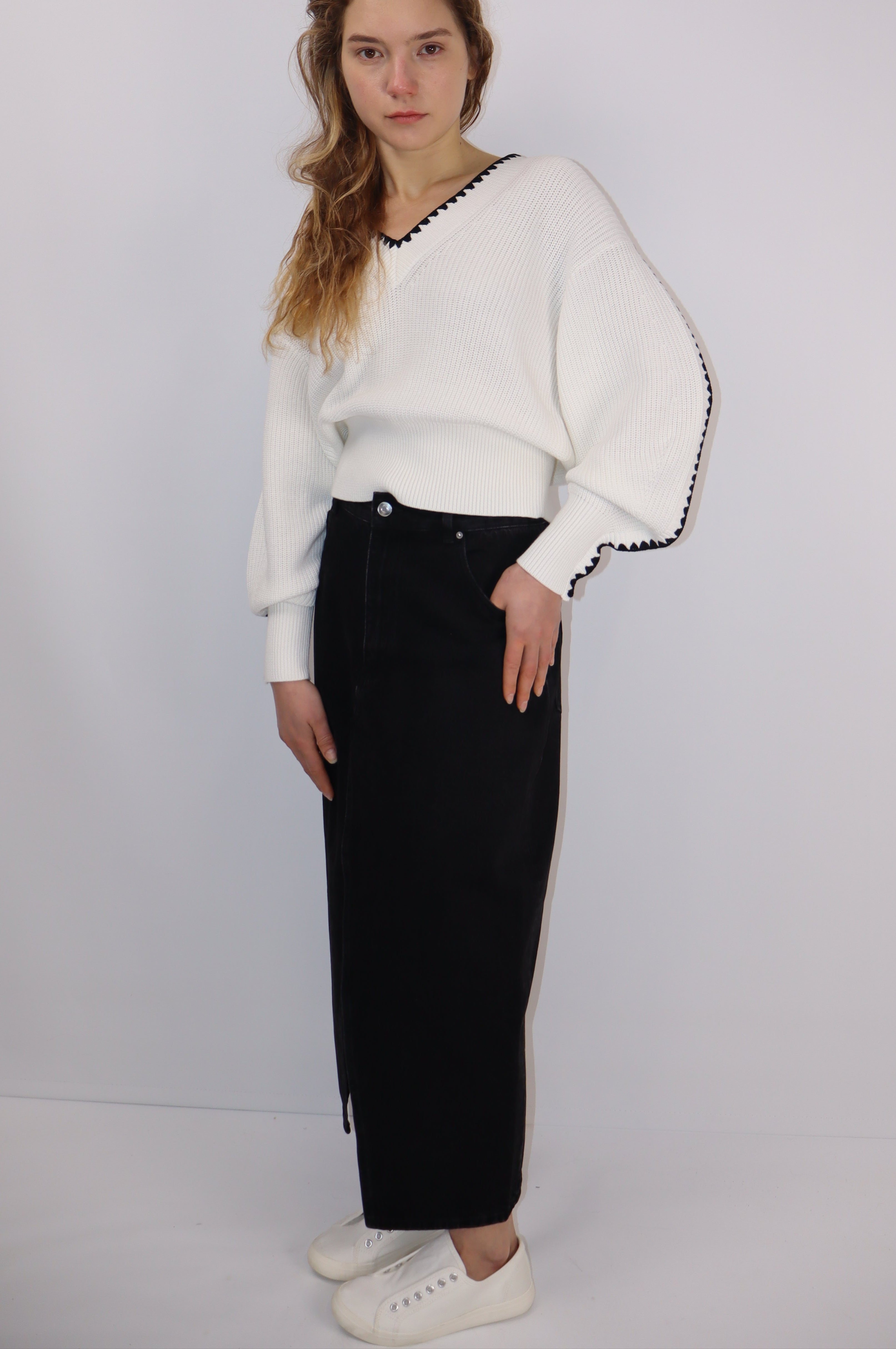 Midi Denim Skirt with Front Slit