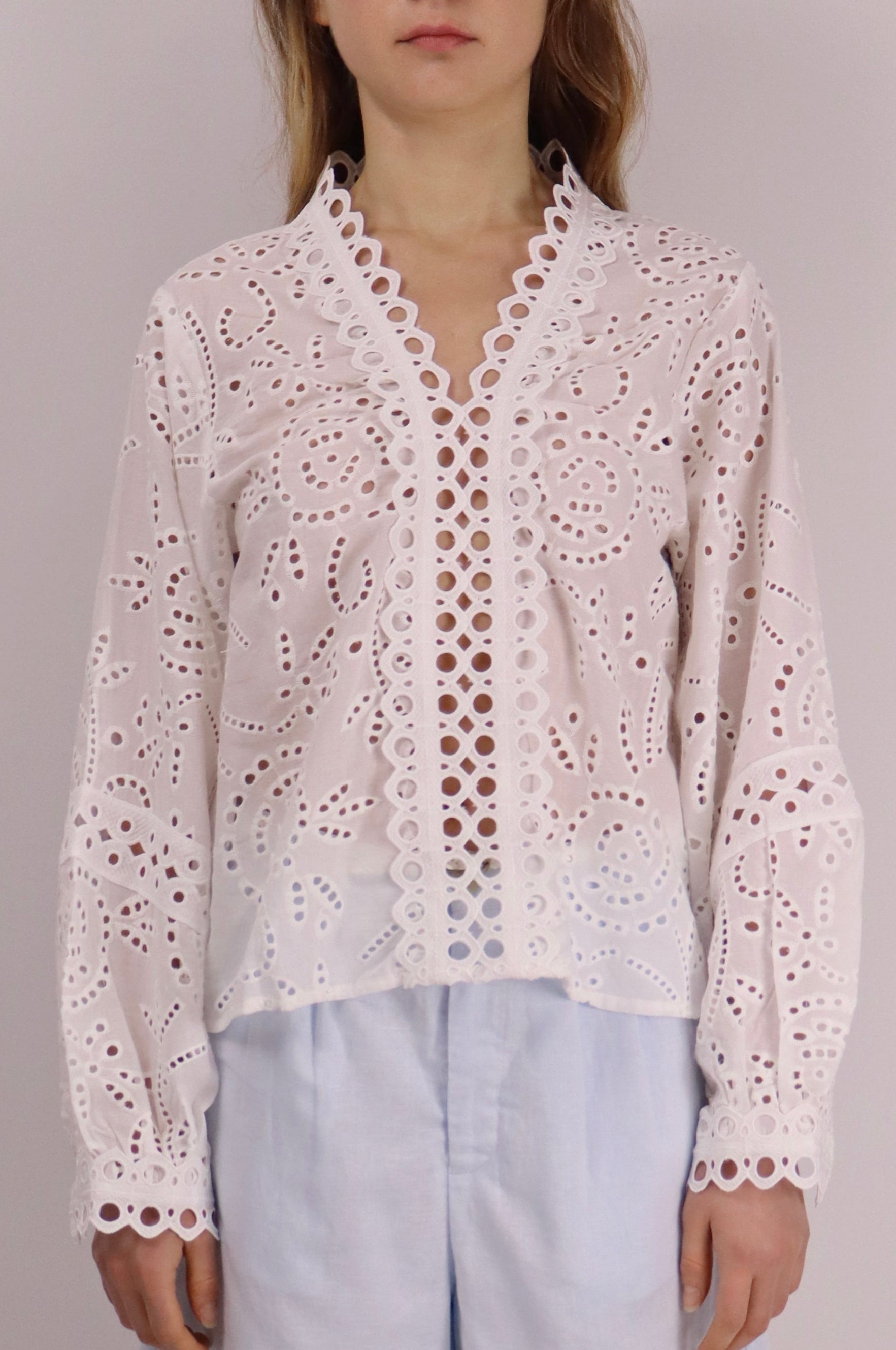Lisa Scalloped Eyelet Cotton Blouse/Long Sleeves