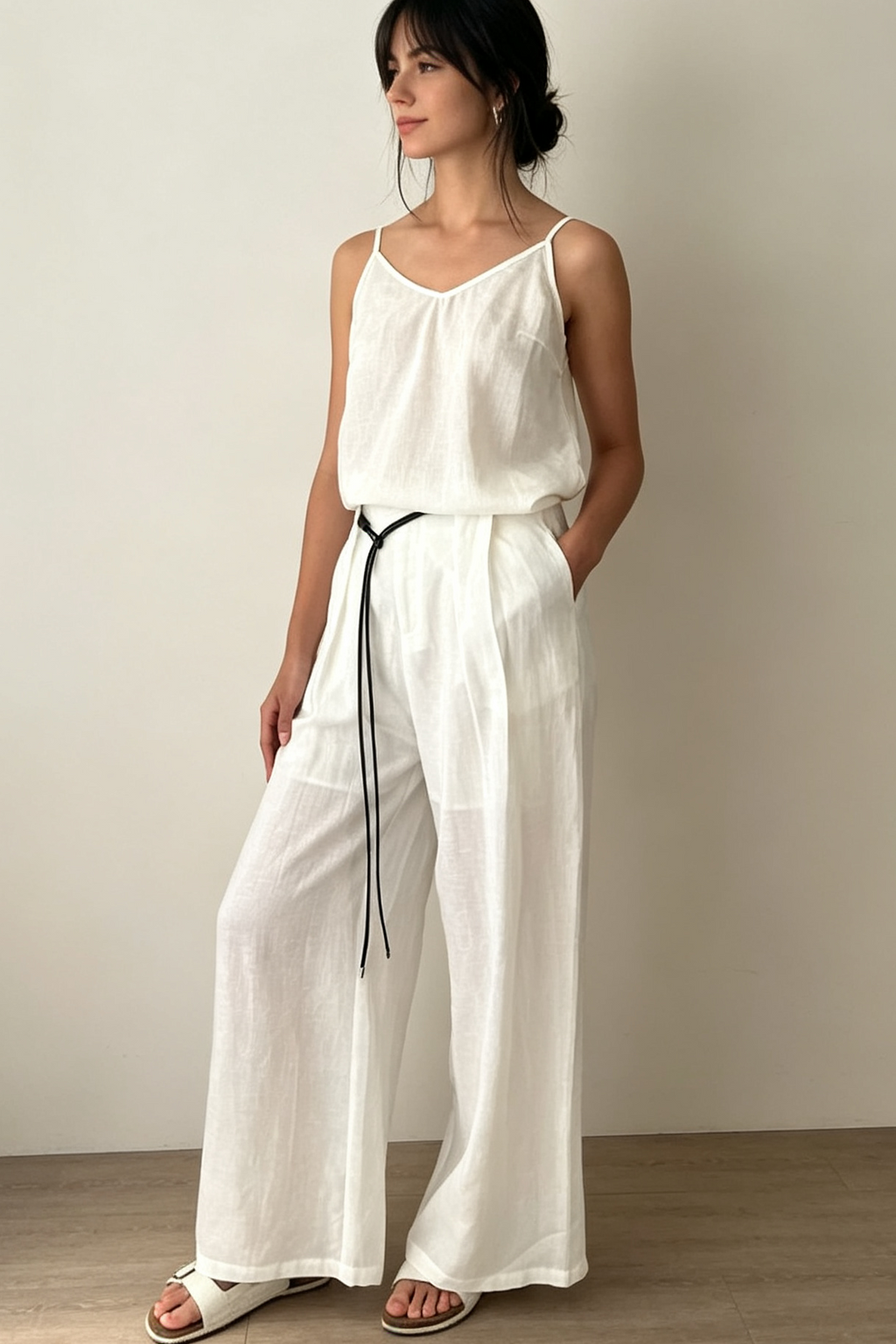 Linen Blend V-Neck Camisole Top-Natural White