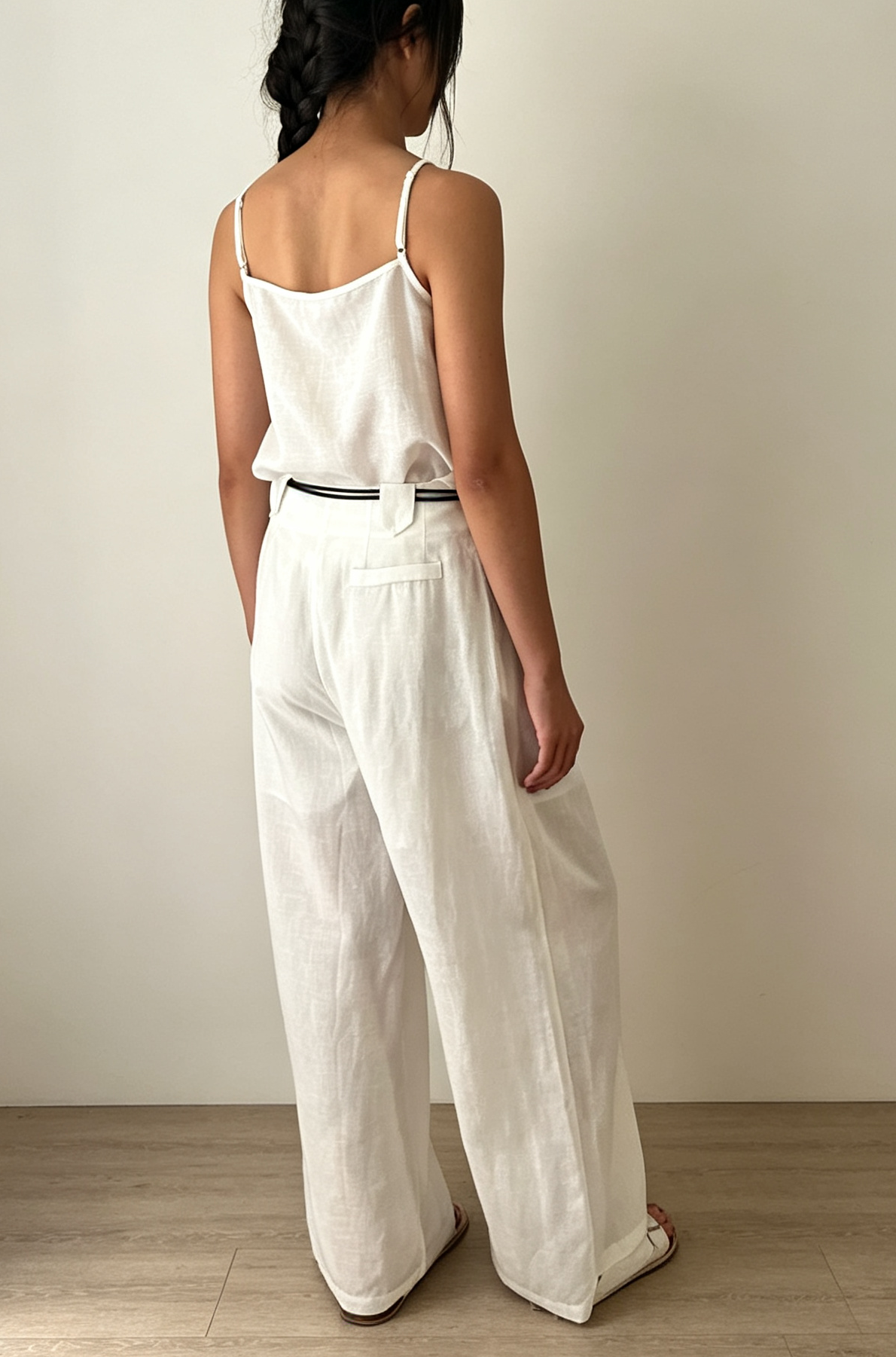 Linen Blend Wide Leg Pants with Belt-Natural White