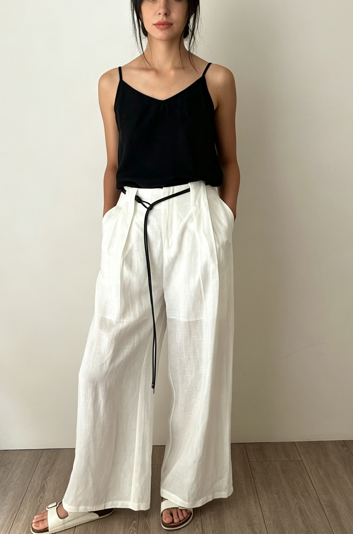 Linen Blend V-Neck Camisole Top-Natural White