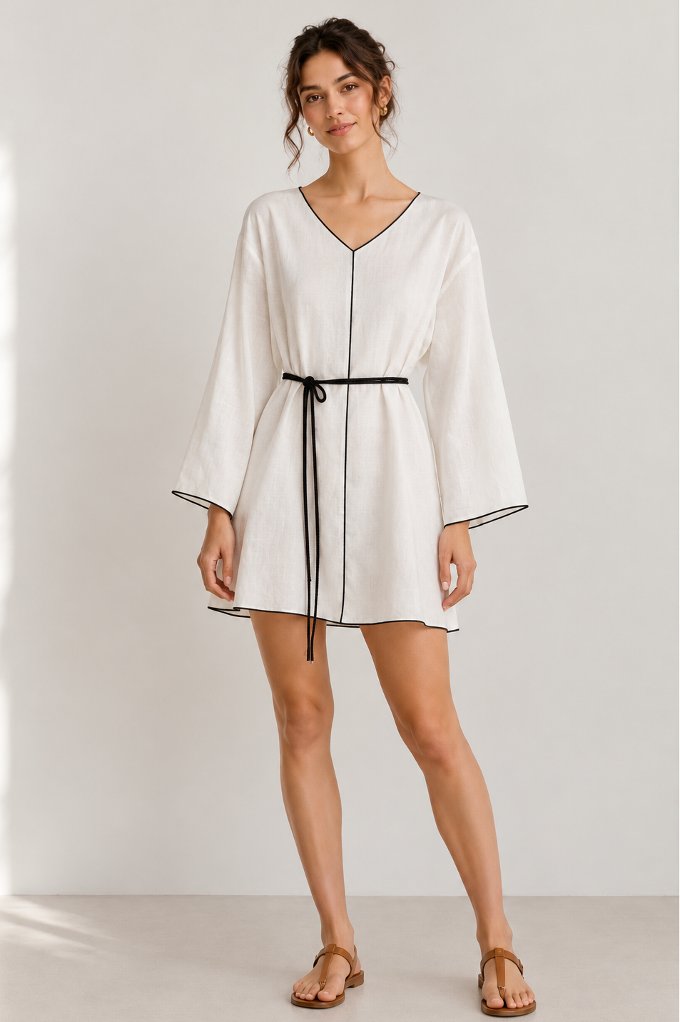Sienna white Lyocell linen tunic dress with removable waist tie by BEIING LIN