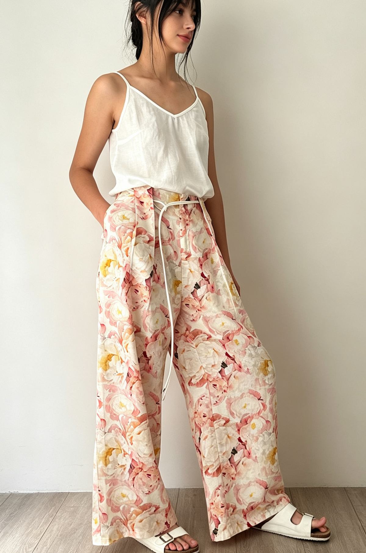 Linen Blend Wide Leg Pants with Belt-Natural White