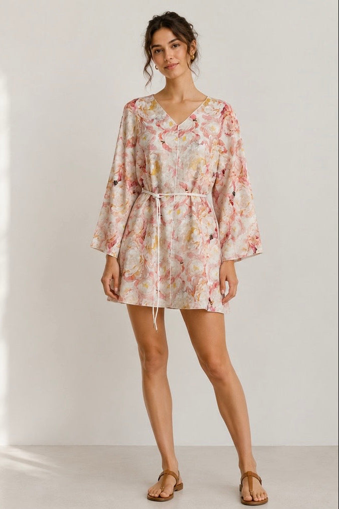 Sienna floral Lyocell linen tunic dress with removable waist tie by BEIING LIN