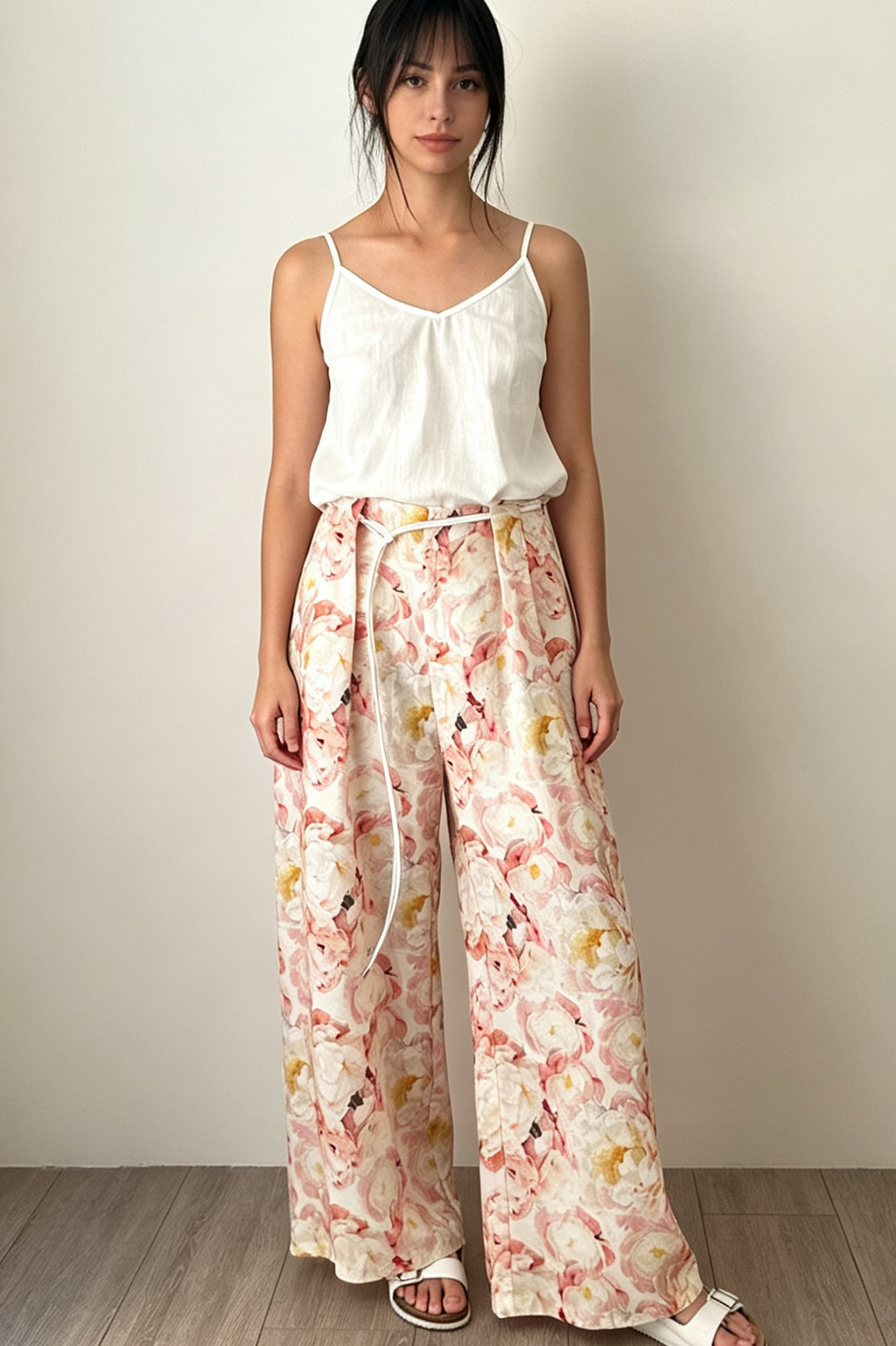 Linen Blend V-Neck Camisole Top-Natural White