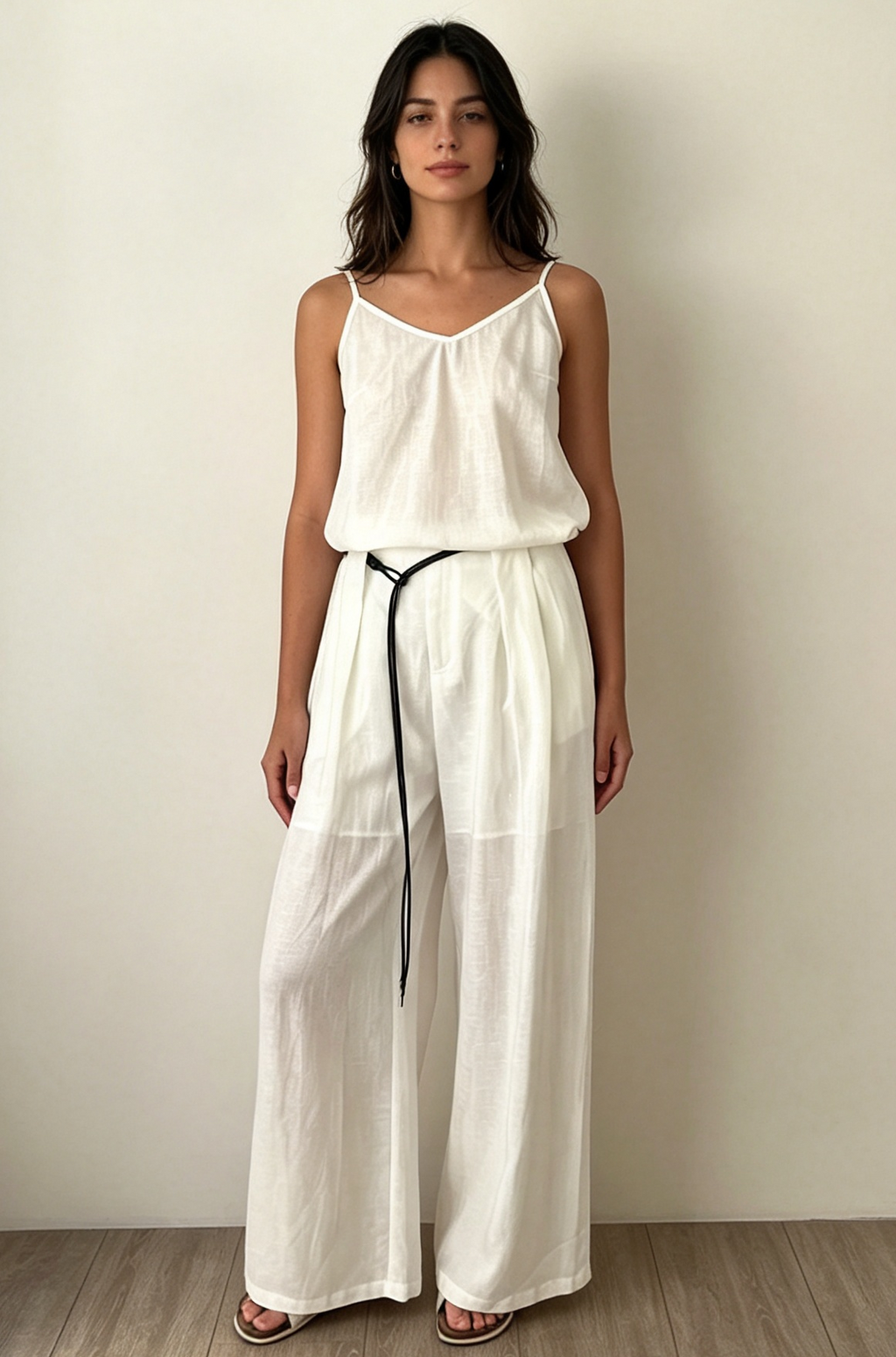 Linen Blend Wide Leg Pants with Belt-Natural White