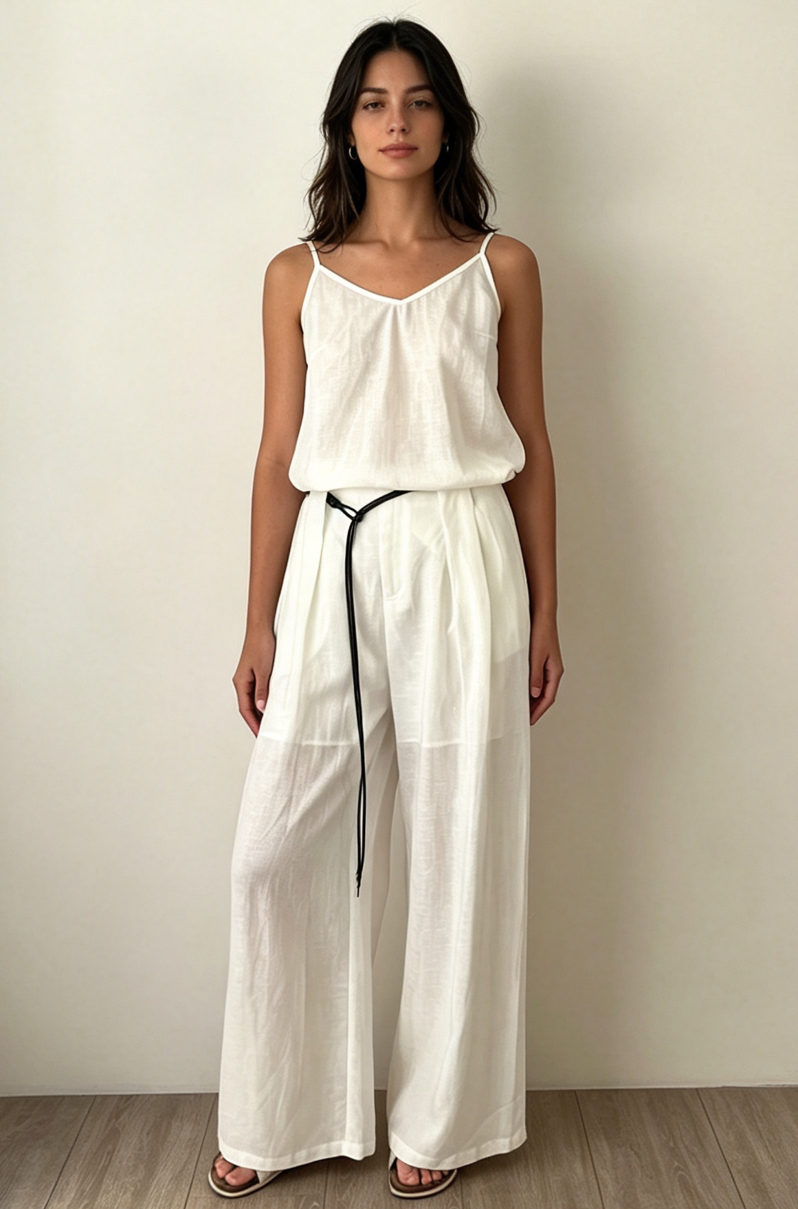 Linen Blend Wide Leg Pants with Belt-Natural White
