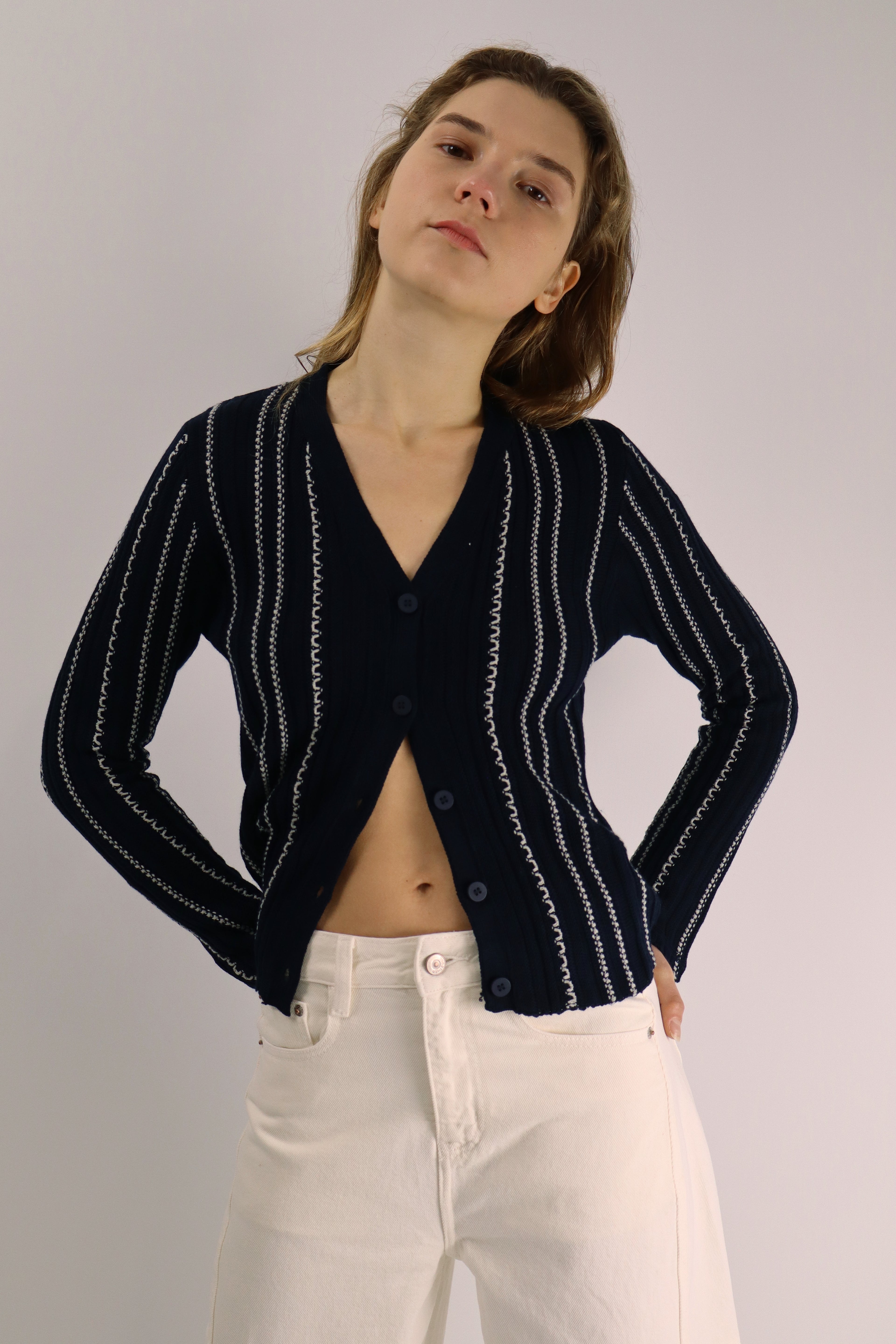 Striped Knit Button-Up Cardigan/Brown