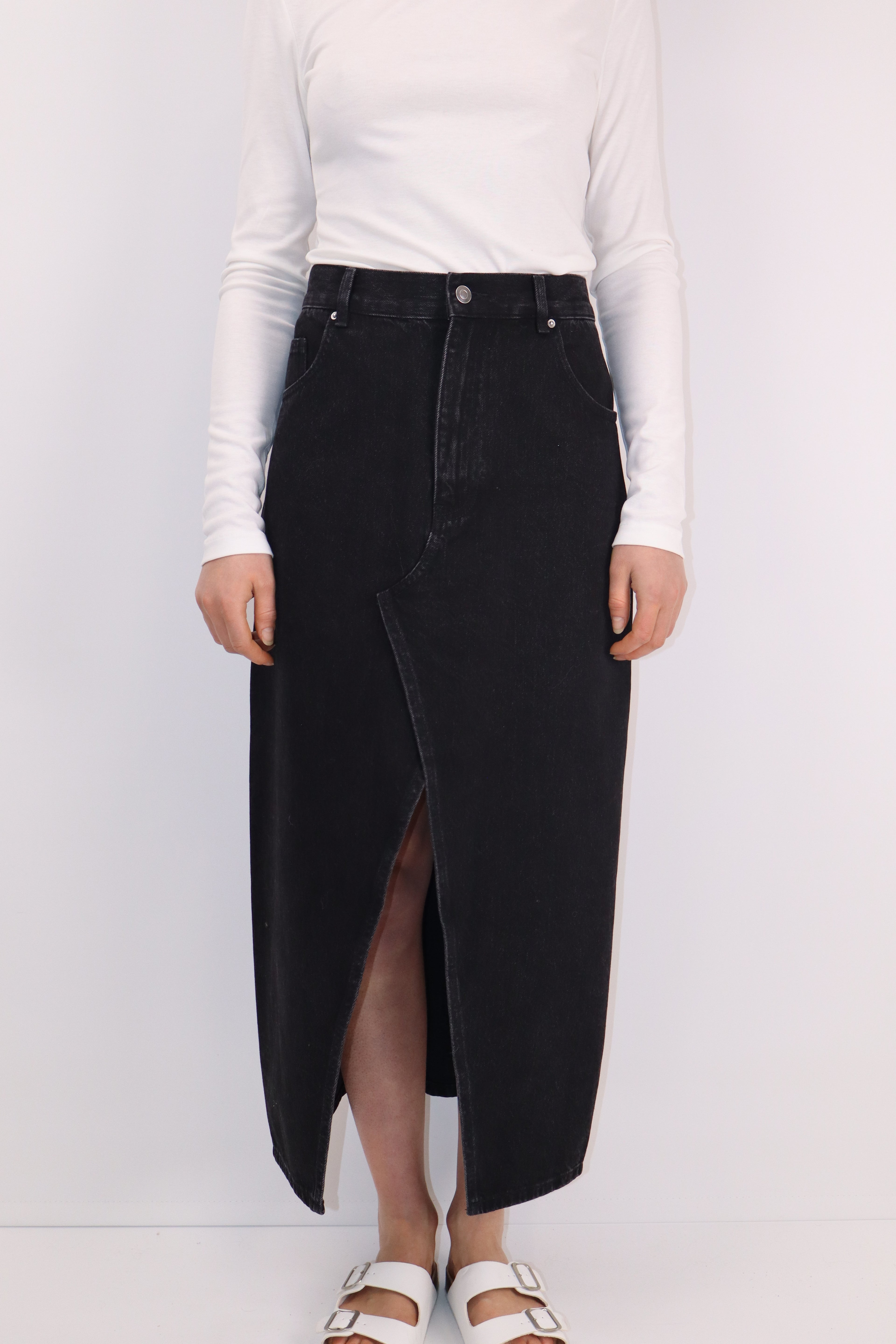 Midi Denim Skirt with Front Slit