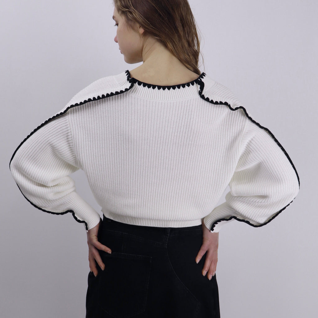 Contrast Trim Linen-Cotton Knit Sweater