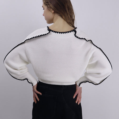 Contrast Trim Linen-Cotton Knit Sweater
