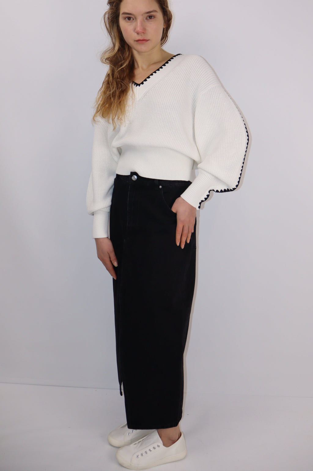 Midi Denim Skirt with Front Slit