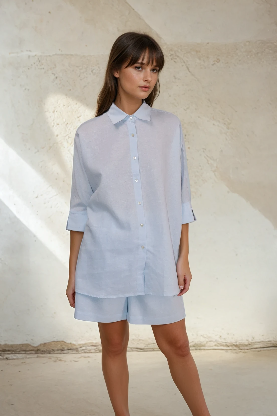 Oversized Linen Blend Shirt|Baby Blue