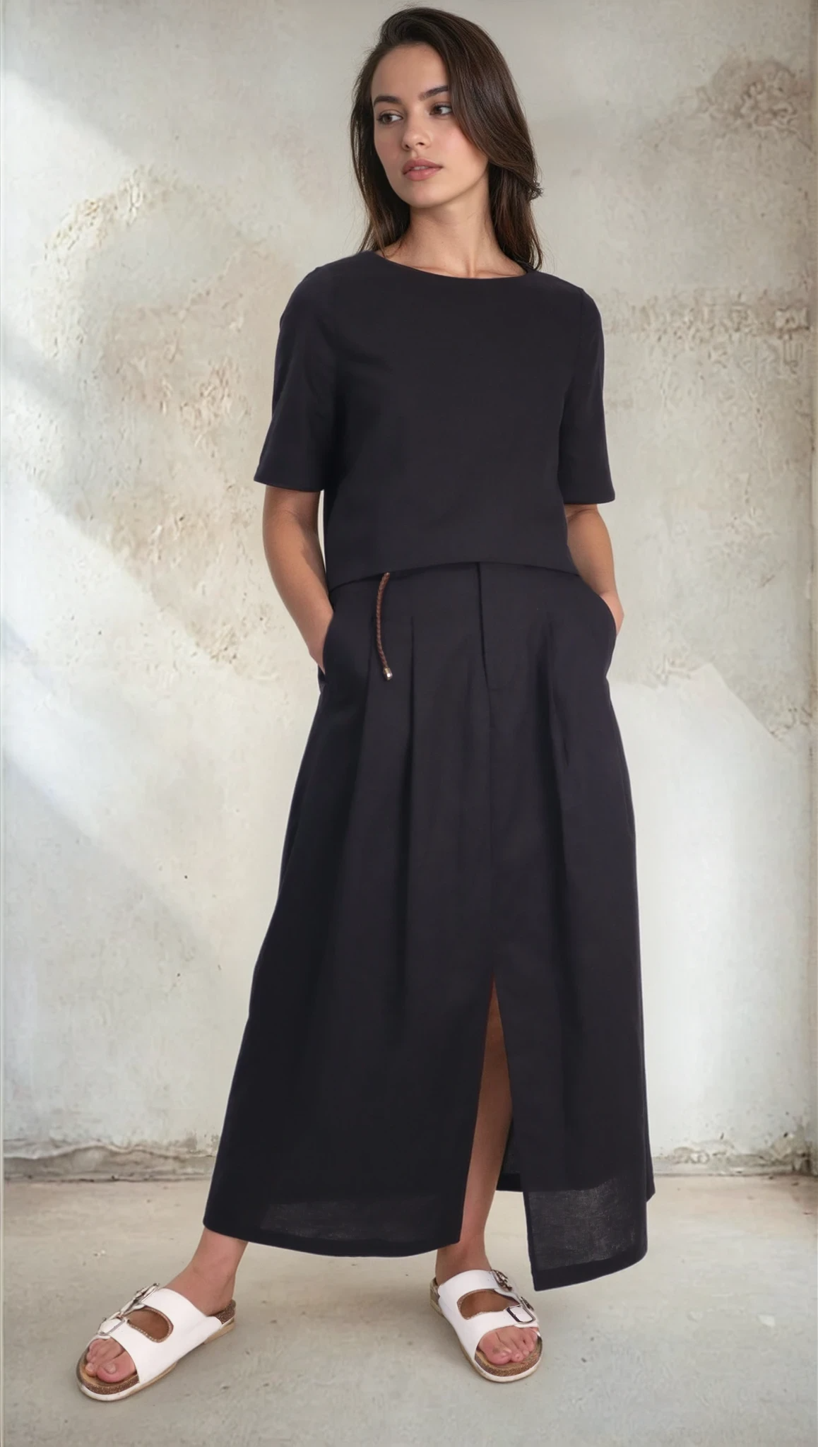 Linen-Cotton A-Line Skirt|Midnight