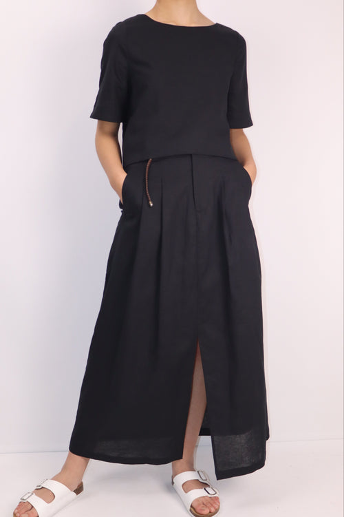 Linen-Cotton A-Line Skirt|Midnight