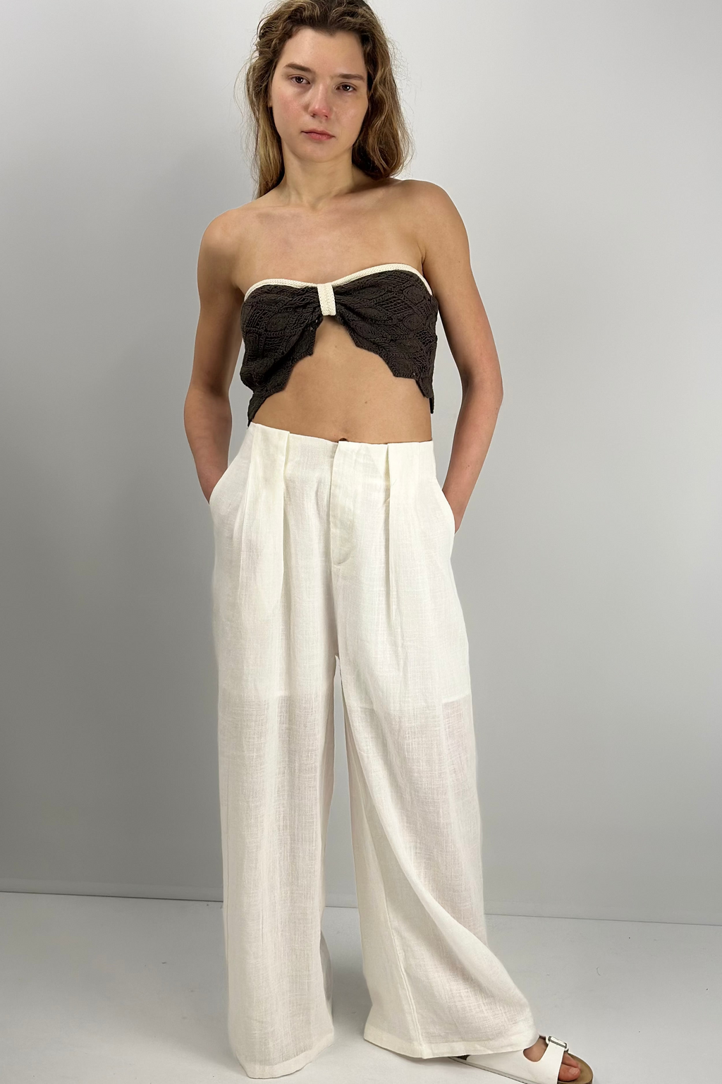 Cotton Crochet Tie-Back Top|Chocolate