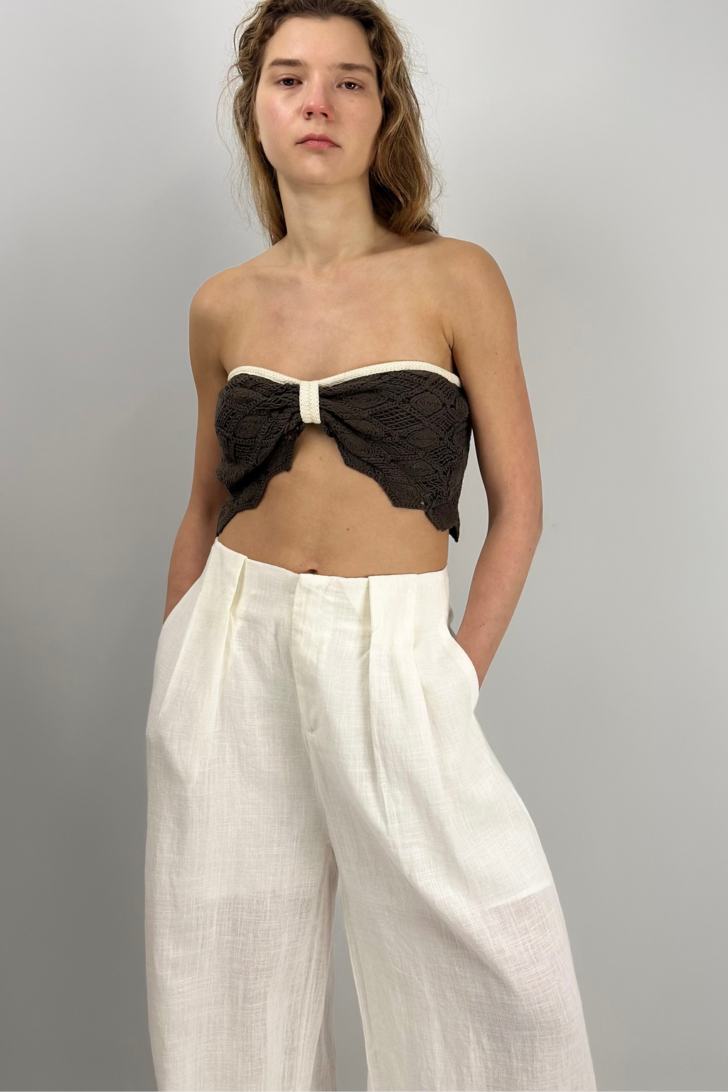 Cotton Crochet Tie-Back Top|Chocolate