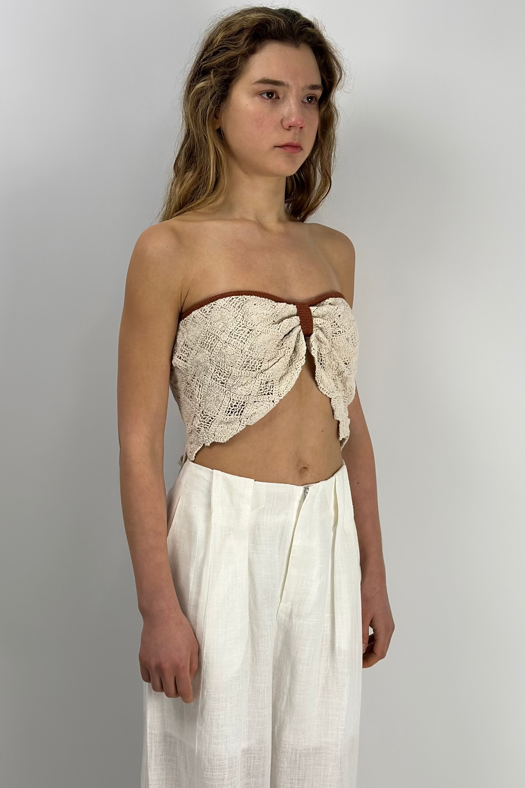 Cotton Crochet Tie-Back Top|Chocolate