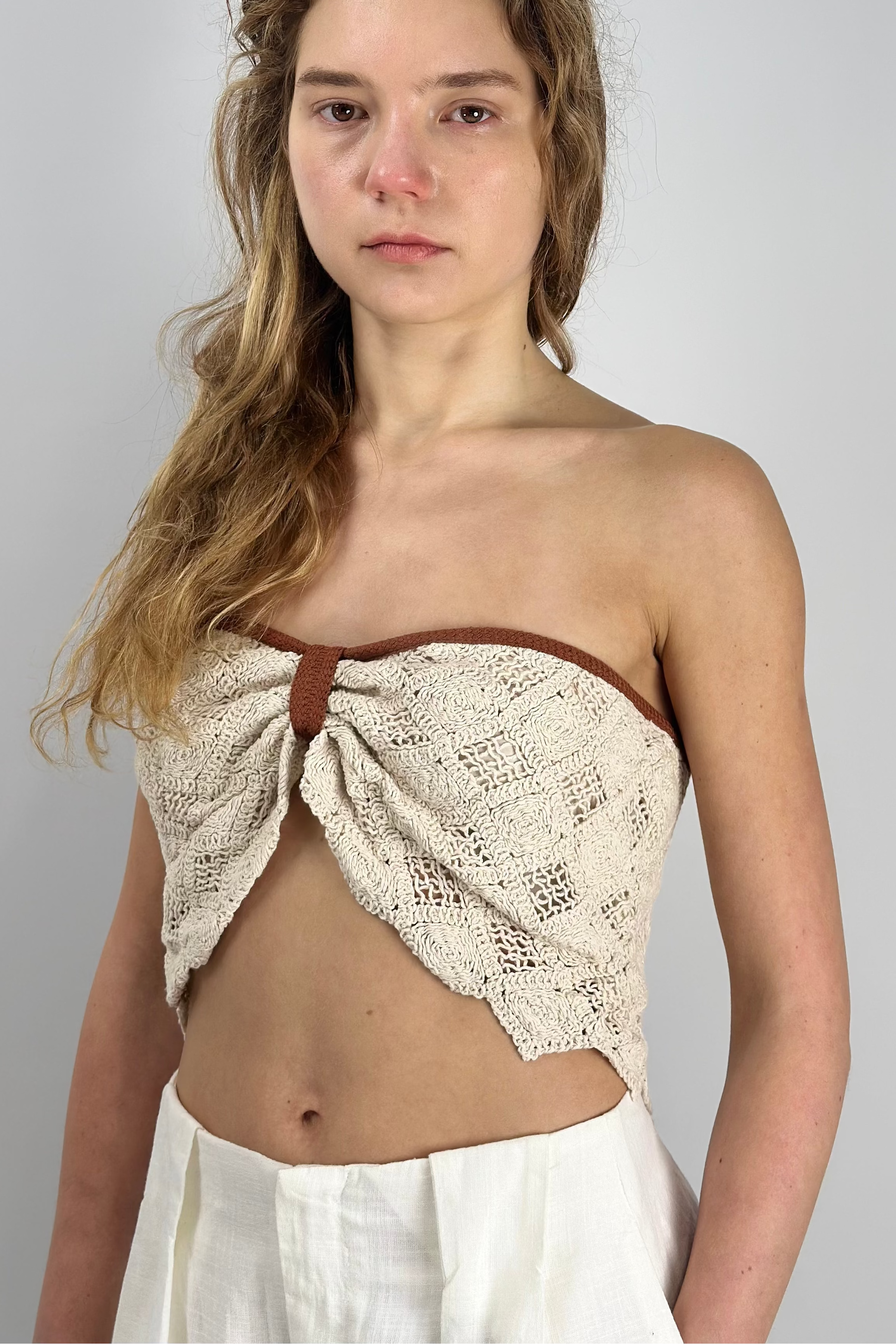 Cotton Crochet Tie-Back Top|Chocolate