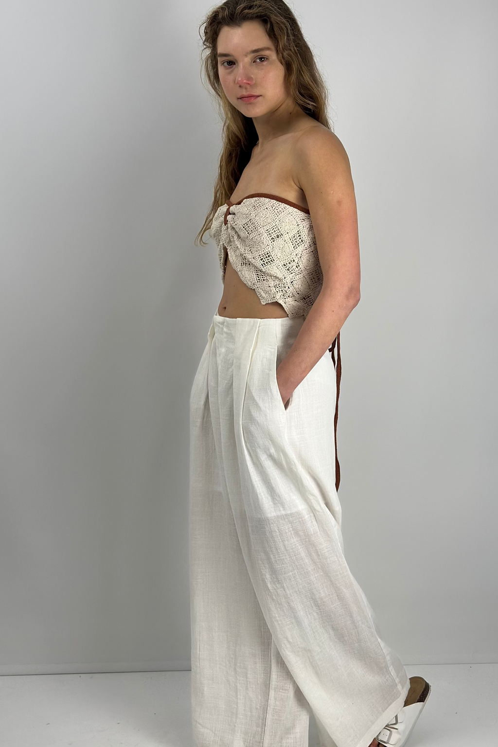 Cotton Crochet Tie-Back Top|Chocolate