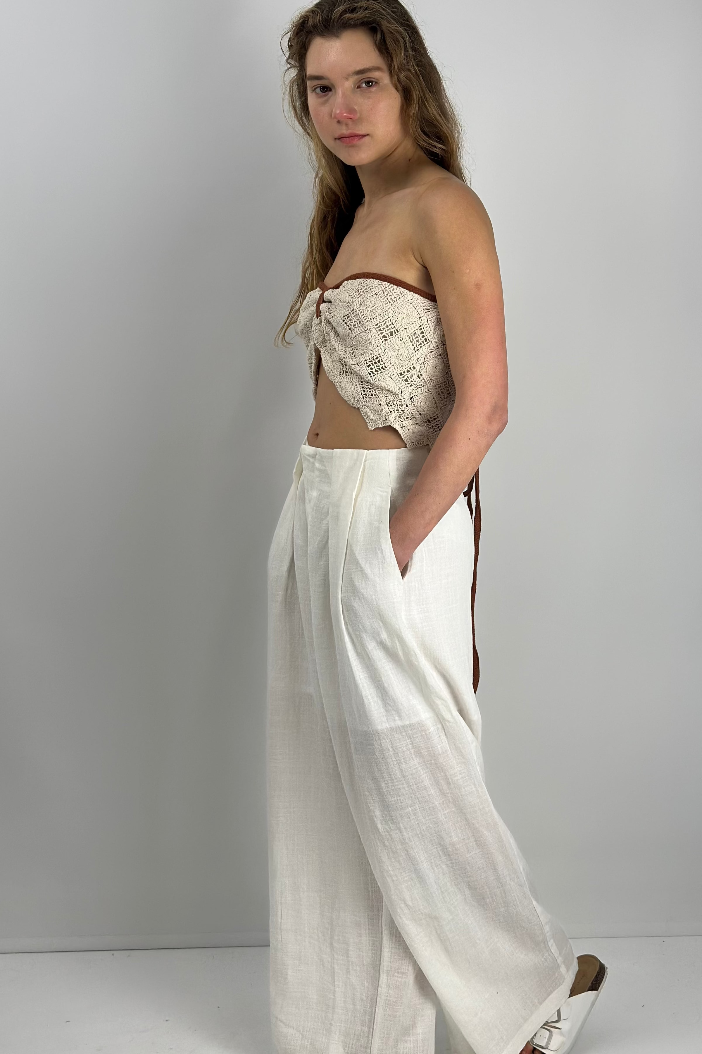 Cotton Crochet Tie-Back Top|Chocolate