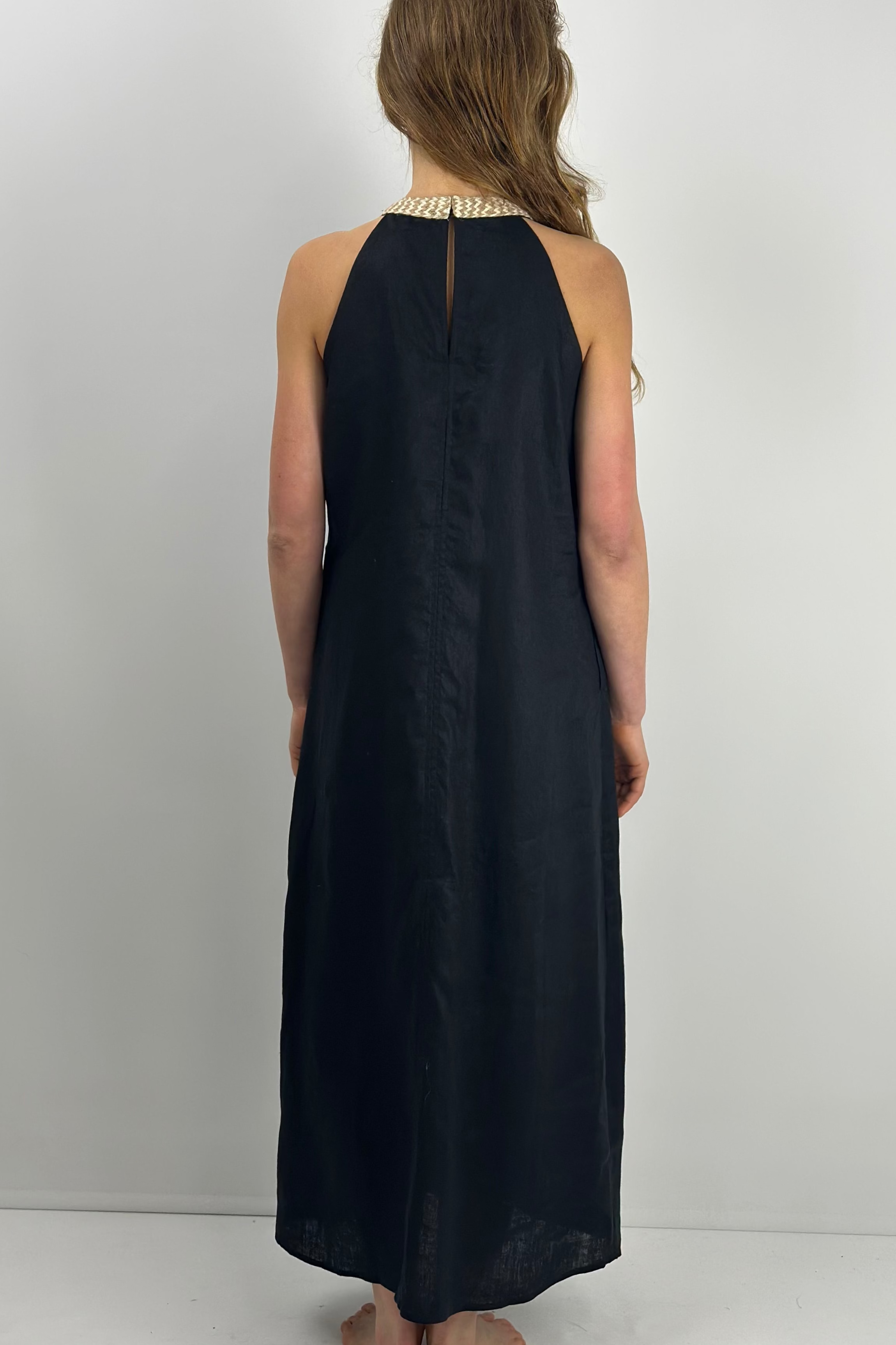 Braided Neckline Linen Maxi Dress/Khaki Green
