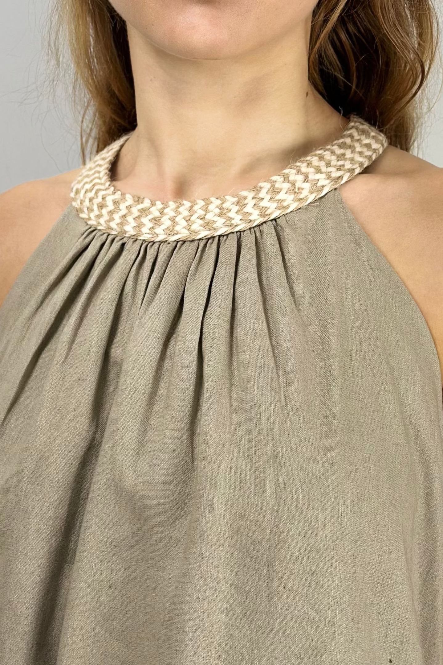 Braided Neckline Linen Maxi Dress/Khaki Green
