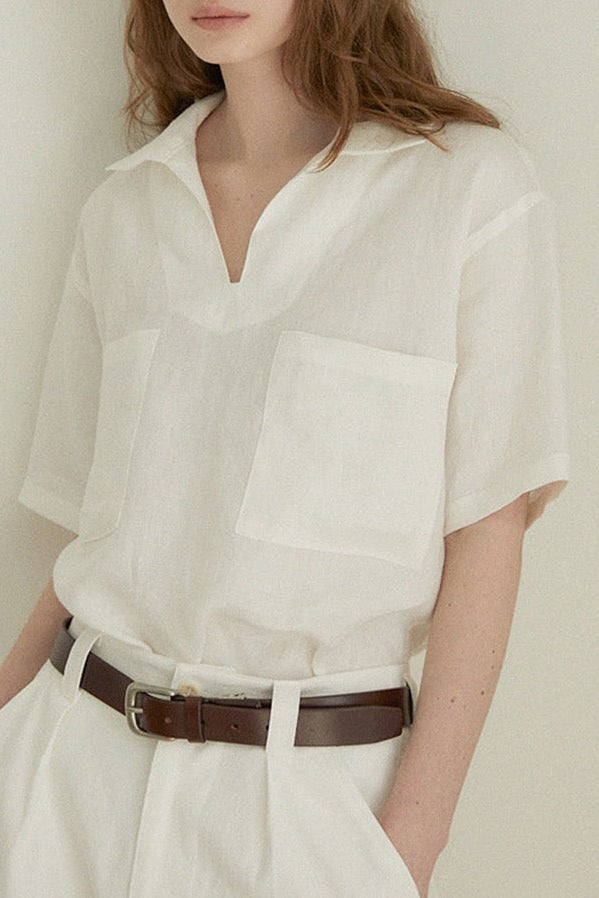 Relaxed Linen V-Neck Top-Sand