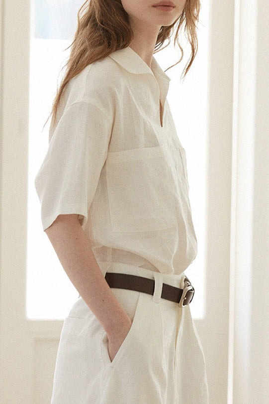 Relaxed Linen V-Neck Top-Sand