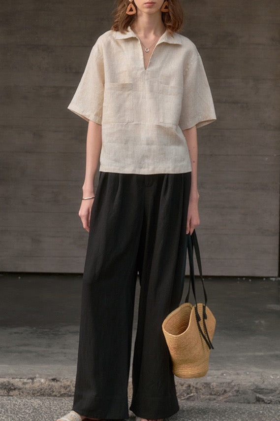 Relaxed Linen V-Neck Top-Sand