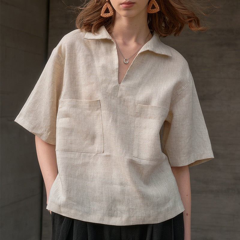 Relaxed Linen V-Neck Top-Natural White