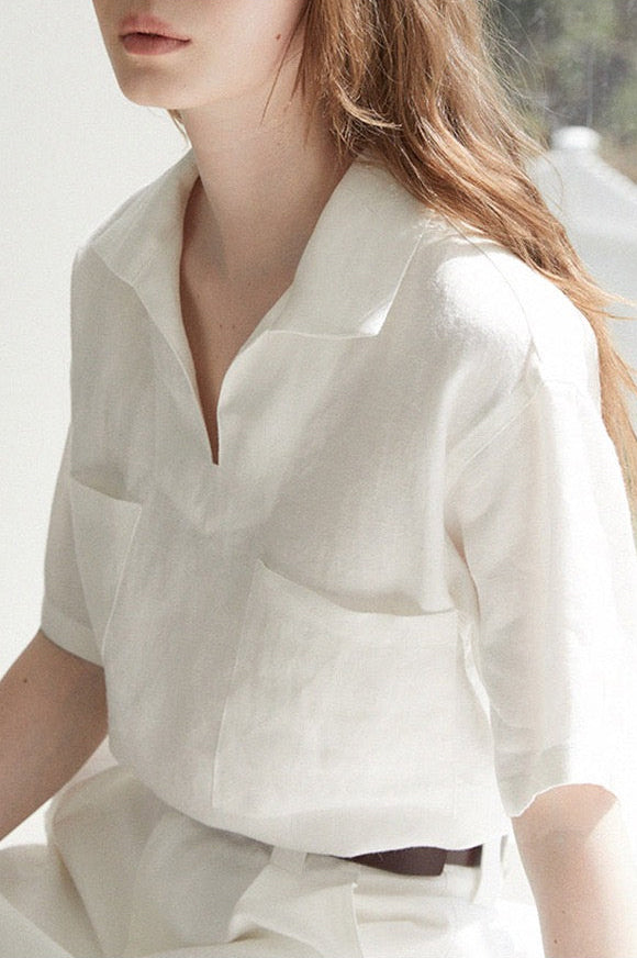 Relaxed Linen V-Neck Top-Natural White