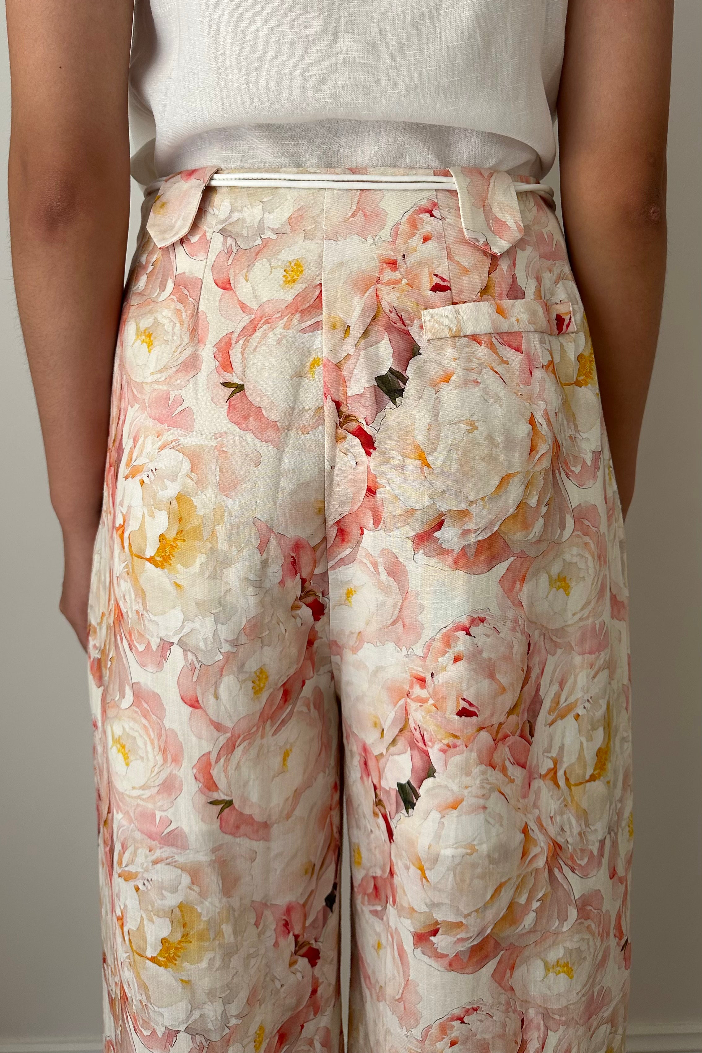 Linen Blend Wide Leg Pants with Belt-Flora
