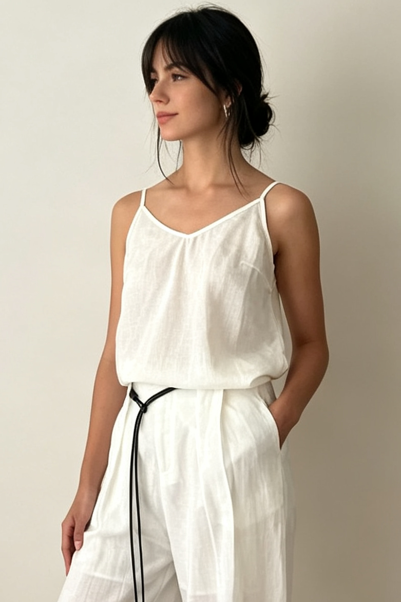 Linen Blend V-Neck Camisole Top-Natural White