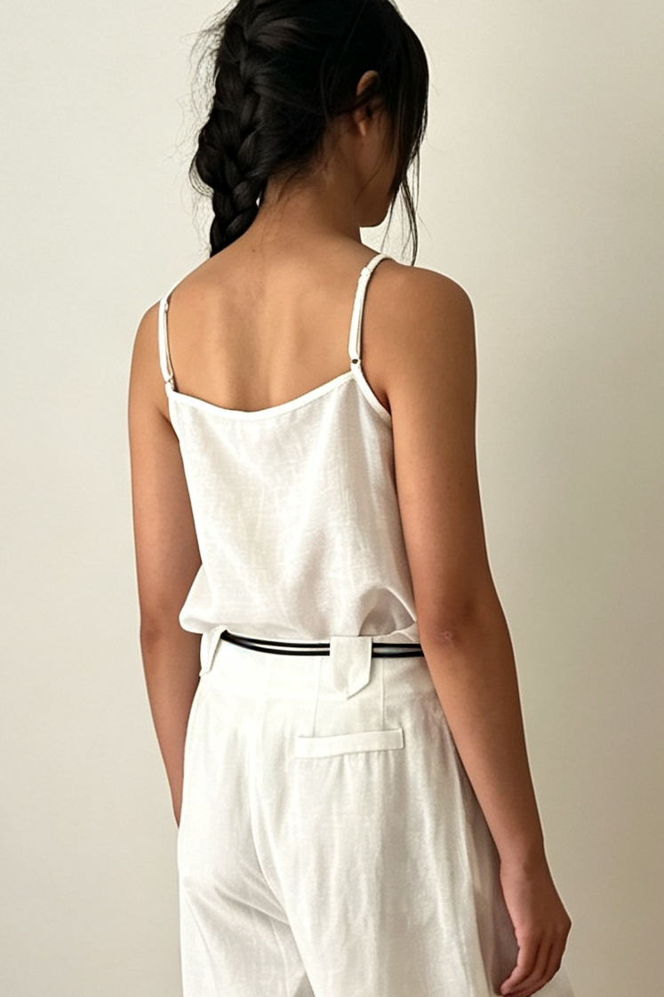 Linen Blend V-Neck Camisole Top-Natural White