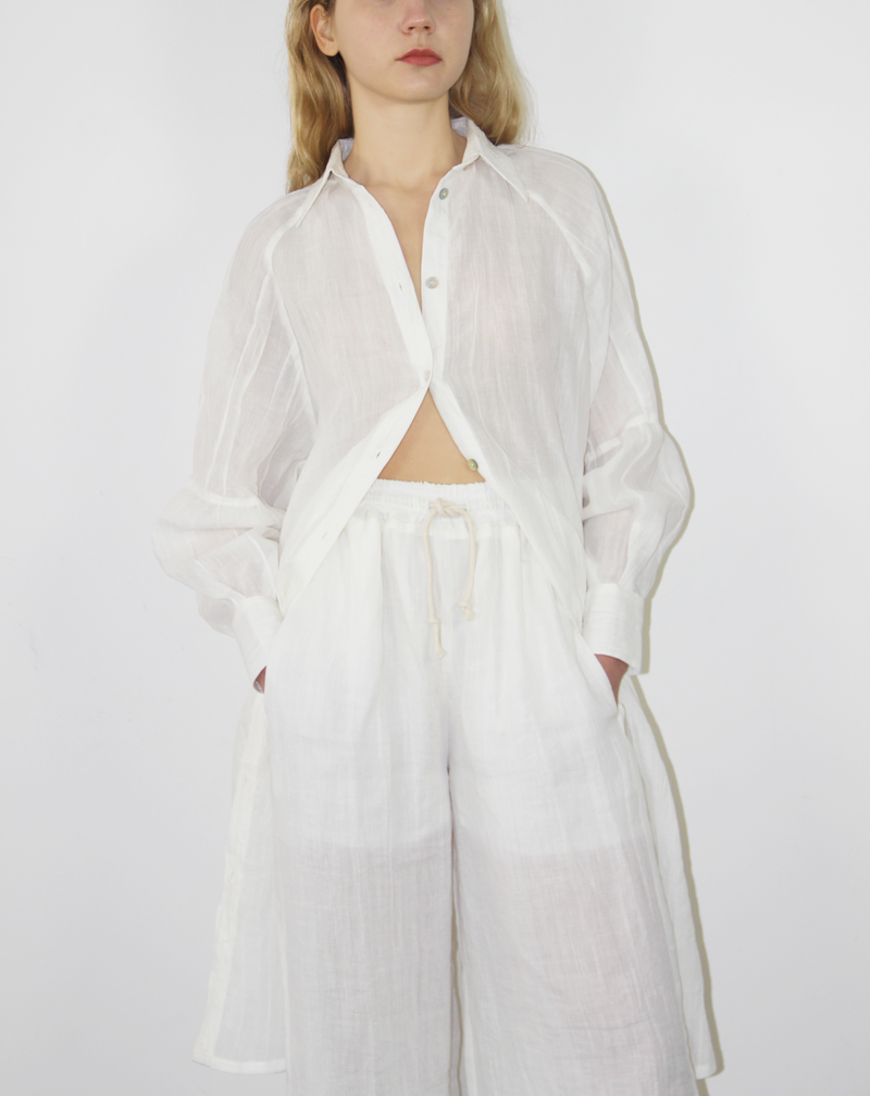 BEIINGLIN-Crinkled Linen Maxi Shirt